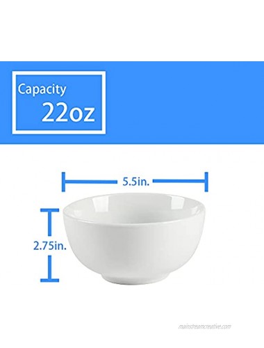 New Century Cereal and Soup Bowls 22oz Ceramic Bowl sets of 6 for Rice,Dessert,Salad,Snack Kitchen Dishwasher&Microwave safe White 5.5INCH