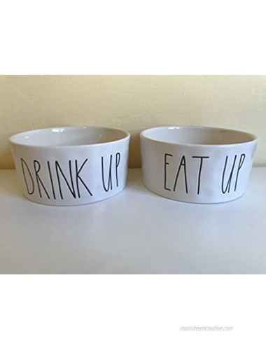 Rae Dunn by Magenta 2 bowl set EAT UP and DRINK UP in large letters 6 in. pet bowls cereal soup