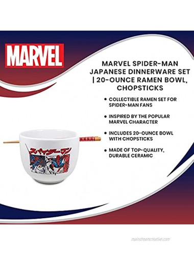 Silver Buffalo Marvel Spider-Man Japanese Ceramic Dinnerware Set | Includes 20-Ounce Ramen Bowl and Wooden Chopsticks | Asian Food Dish Set for Home Kitchen | Official Comic Book Manga Collectible