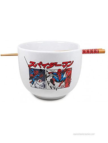 Silver Buffalo Marvel Spider-Man Japanese Ceramic Dinnerware Set | Includes 20-Ounce Ramen Bowl and Wooden Chopsticks | Asian Food Dish Set for Home Kitchen | Official Comic Book Manga Collectible