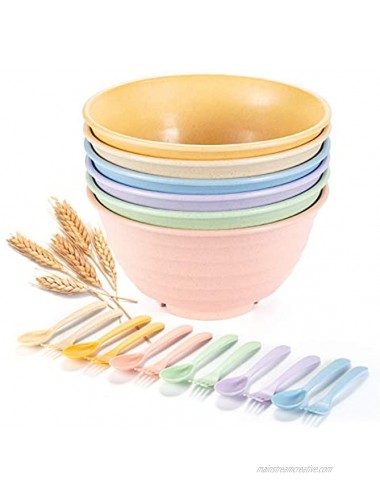 Unbreakable Cereal Bowls OAMCEG 30oz 6 Pack Wheat Straw Fiber Lightweight Bowls and 6 Spoons + 6 Forks Set for Rice Salad Soup Noodle BPA free and Healthy for Adult