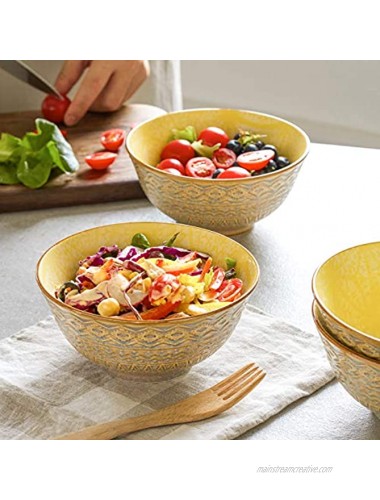 ZONESUM Cereal Bowls Ceramic 20 Ounce Soup Bowls for Kitchen Bowl Set for Salad Oatmeal Pasta Ramen Microwave and Dishwasher Safe Embossed Yellow Bowl Set of 4