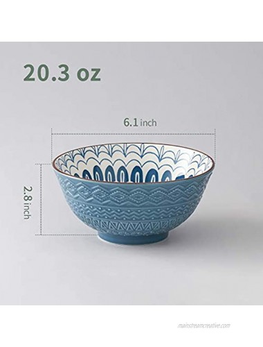 ZONESUM Cereal Bowls Set of 4 20 Ounce Ceramic Soup Bowl Set for Kitchen Perfect for Cereal Soup Snack Dessert Microwave and Dishwasher Safe Embossed Blue