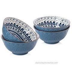 ZONESUM Cereal Bowls Set of 4 20 Ounce Ceramic Soup Bowl Set for Kitchen Perfect for Cereal Soup Snack Dessert Microwave and Dishwasher Safe Embossed Blue