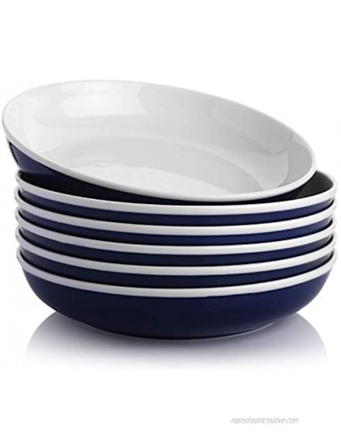 SAMSLE Pasta Bowls 30 Ounces Ceramic Pasta Salad Bowls 8.75 Inch Bowls Set of 6 Wide And Flat,White Dark Blue
