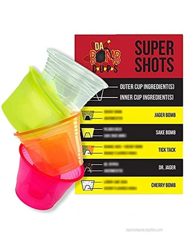 150 Pack Disposable Jager Bomb Cups. Measure Two Part Bomber Shot Glasses for Great Taste Every Time! Throw a Great Party with Recipe Card & 4 Colors to Impress Guests!