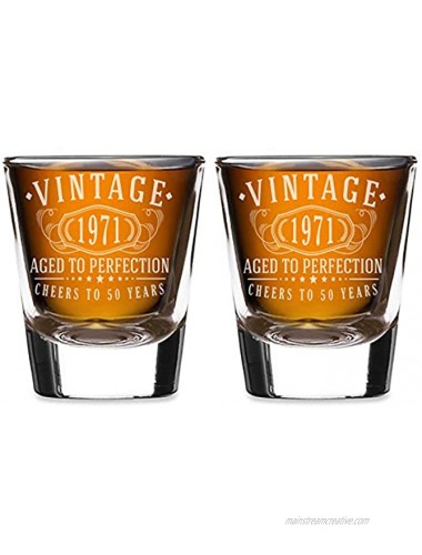 2pk Vintage 1971 Etched 2oz Shot Glasses 50th Birthday Aged to Perfection 50 years old gifts