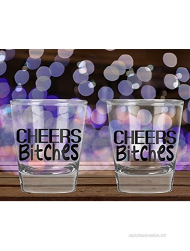 AW Fashions Cheers Bitches Bachelorette Party Shot Glasses 21st Birthday Shot Glass 2 Pack Round Set of Shot Glass
