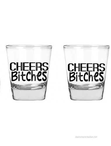 AW Fashions Cheers Bitches Bachelorette Party Shot Glasses 21st Birthday Shot Glass 2 Pack Round Set of Shot Glass