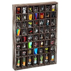 J JACKCUBE DESIGN Rustic Wood Shot Glasses Display Case 56 Compartments Wall Mount Pint glass Shadow box Bar Cabinet Collection Freestanding MK524A
