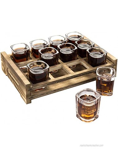 MyGift 12 Shot Glass Server with Rustic Burnt Wood Tray