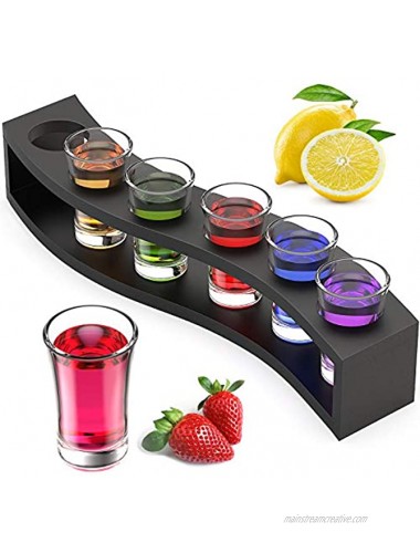Shot Glass Set 1.5oz 40ml Server with Burnt Wood Tray Heavy Base Measuring Cup Espresso Liquid Wine Clear Shot Glasses Holder Kits Incremental Measurement Perfect for Party Bar Club Cocktail 6 Pack