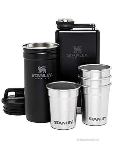 Stanley Stainless Steel Shot Glass and Flast Gift Set. Outdoor Adventure Pack with 4 metal shot glasses 8oz whiskey flask and travel carry case