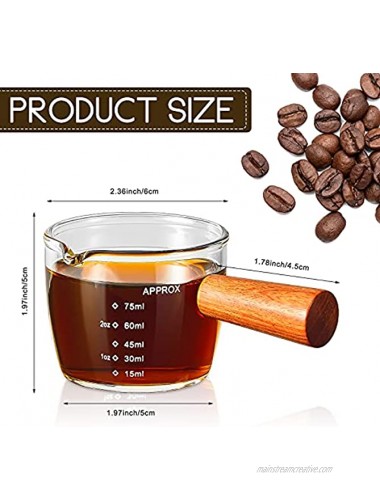 Tanlade Single Spout Espresso Shot Glass with Wood Handle Espresso Glass 75 ml Carafe Shot Glass Measuring Cup Mini Milk Glass Cup with Handle for Milk Coffee Espresso Making 1