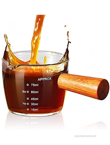 Tanlade Single Spout Espresso Shot Glass with Wood Handle Espresso Glass 75 ml Carafe Shot Glass Measuring Cup Mini Milk Glass Cup with Handle for Milk Coffee Espresso Making 1