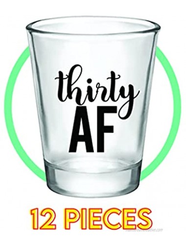 Thirty AF 30 AF 30th Birthday Party Shot Glasses Set of 12 1.75oz 30th Birthday Glass Shot Glasses with Black THIRTY AF Print Perfect for Birthday Parties Birthday Decorations 30 AF