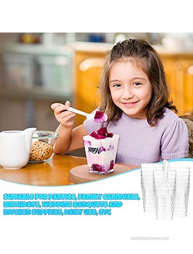 100 Pieces 5 Oz Tall Square Mini Dessert Cups Plastic Parfait Appetizer Cup Clear Tumbler Cup with 100 3-Toothed Fork Spoon Small Reusable Serving Bowl for Parties Wedding Halloween Christmas Event