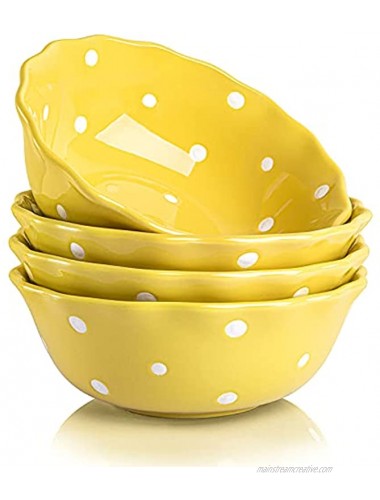 AVLA 4 Pack Porcelain Cereal Bowls 16 OZ Ceramic Small Serving Prep Bowls Premium Bowls Set for Yogurt Assorted Nuts Salad Soup Oatmeal Polka Dot Yellow