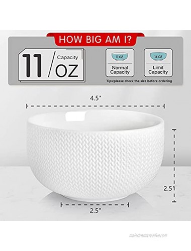 AVLA 6 Pack Porcelain Bowls 11 Ounce Ceramic Rice Bowls Round Ice Cream Bowls for Kitchen Cereal Dessert Textured Pattern 4.5