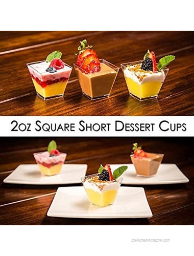 DLux 100 x 2oz Square Mini Dessert Cups No spoons Clear Plastic Parfait Appetizer Cup Small Reusable Serving Bowl for Tasting Party Desserts Appetizers With Recipe Ebook