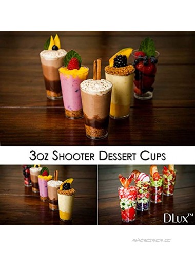 DLux 50 x 3 oz Mini Dessert Cups with Spoons Shooter Clear Plastic Parfait Appetizer Cup Small Reusable Shot Glass for Tasting Party Shooters Desserts Appetizers With Recipe Ebook