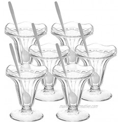 Glokers Dessert Cups 5.5 Ounce Ice Cream Bowl or Sundae Cup Clear Glass Tumblers Including Long Handle Stainless Steel Sundae Spoons Set of 6 Each