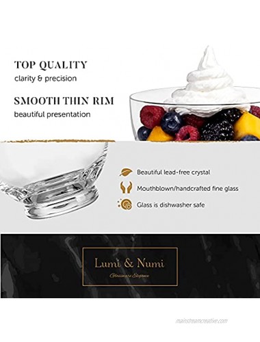 Handcrafted Glass Dessert Bowls Set – 4 Mouthblown Glass Dessert Cups and 4 Gold-Plated Spoons – Lead-free Crystal Ice Cream Bowls for Appetizers Condiments and Cocktails by Lumi & Numi 12 oz.