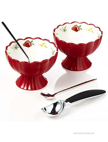LURS Ice Cream Bowls Set Ice Cream Sundae bowls Stainless spoons and Scoop set 2 Ceramic Bowls 2 Dessert Spoons 1 Ice cream Scoop with gift box Red