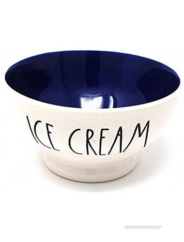 Rae Dunn by Magenta ICE CREAM Bowl Ceramic White with Blue Interior and Black LL. 3in x 5.5in