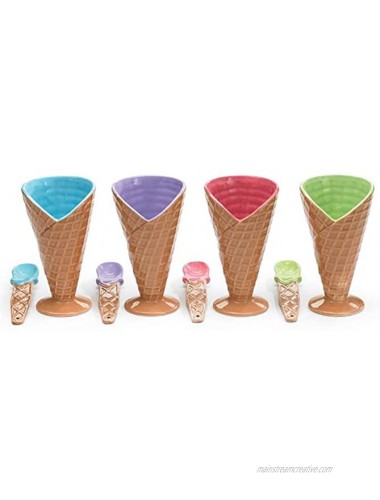 Set Of 4 Large Ice Cream Cone Dishes Bowls With Spoon
