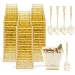 Tebery 100 Pack 8oz Gold Glitter Medium Plastic Dessert Cups With 100 Spoons Square Dessert Bowls for Tasting Party Desserts Appetizers