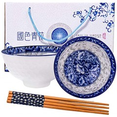 Ceramic Rice Bowls and Chopsticks Set of 2 Chinese Rice Bowls for Children White and blue