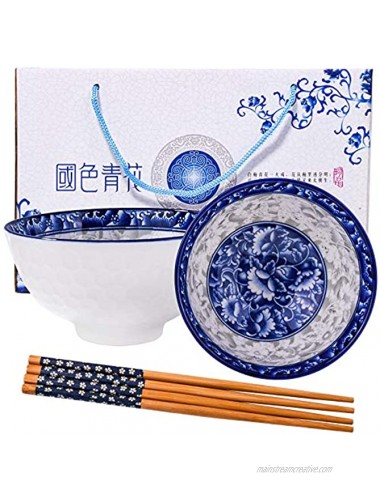 Ceramic Rice Bowls and Chopsticks Set of 2 Chinese Rice Bowls for Children White and blue