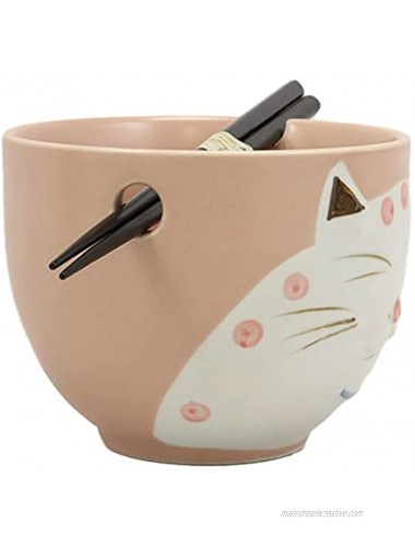 Ebros Whimsical Ceramic Peachy Pink Lucky Meow Cat Pasta Ramen Udong Pho Noodles Soup Bowl and Chopsticks Set Dining Gourmet Meal Feline Cats Collection Rice Bowls Decor Kitchen