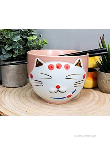 Ebros Whimsical Ceramic Peachy Pink Lucky Meow Cat Pasta Ramen Udong Pho Noodles Soup Bowl and Chopsticks Set Dining Gourmet Meal Feline Cats Collection Rice Bowls Decor Kitchen