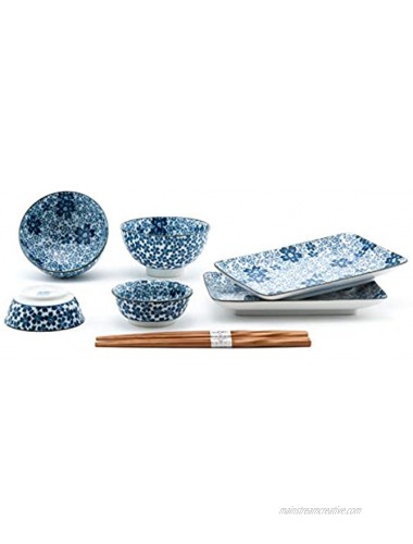 Fuji Merchandise Nippon Blue Sakura Cherry Blossoms Sushi Dinnerware 6pc Set for Two Including Plate Sauce Bowls and Rice Bowl with Chopsticks Made in Japan