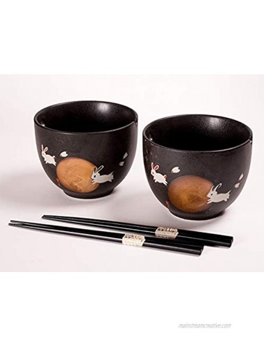 Happy Sales HSTBS-2RBMN Perfect 2 pc Japanese Rice Noodle Ramen Bowls 5D Multi Purpose Tayo Bowls with Chopsticks Rabbits & Moon
