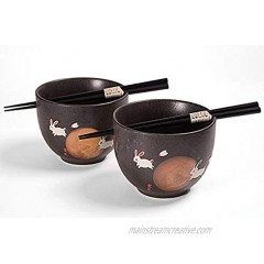 Happy Sales HSTBS-2RBMN Perfect 2 pc Japanese Rice Noodle Ramen Bowls 5"D Multi Purpose Tayo Bowls with Chopsticks Rabbits & Moon