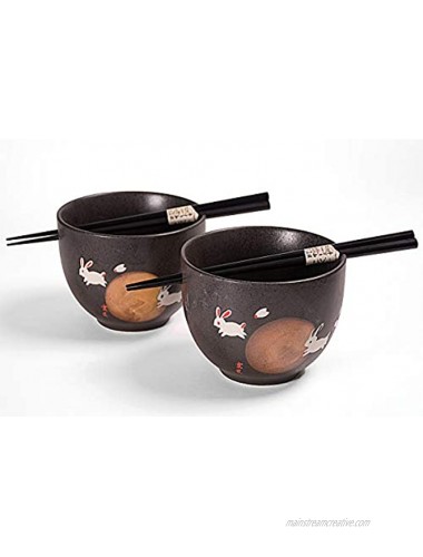 Happy Sales HSTBS-2RBMN Perfect 2 pc Japanese Rice Noodle Ramen Bowls 5D Multi Purpose Tayo Bowls with Chopsticks Rabbits & Moon