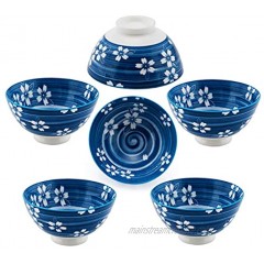 Hinomaru Collection Oriental Japanese style Set of 6 Ceramic Donburi Rice Bowl Tayo Multi Purpose 4.5" Dia x 2.25" H Blue Cherry Blossom