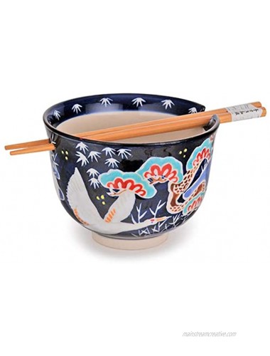 Hinomaru Collection Quality Japanese Multi Purpose Ramen Udon Noodle Rice Tayo Bowl with Chopsticks Gift Set 5 Inch Diameter Japanese Crane