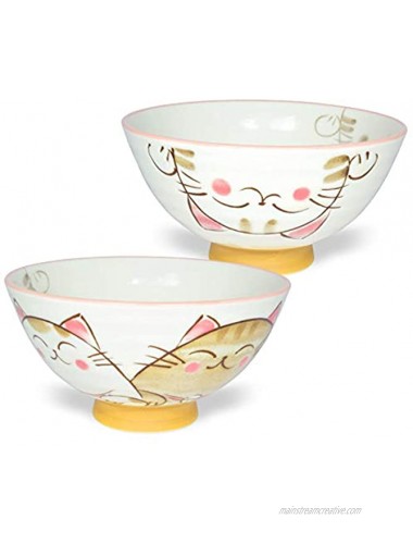 Japanese Handcrafted Rice Bowl Authentic Mino Ware Pottery Calico Cat Motif Design MIKE Pink Chawan set of 2