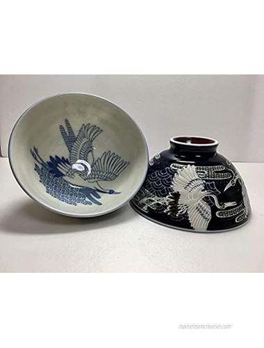 Japanese Porcelain Rice Bowls 13.5 Fluid Ounces Cranes Pattern Blue and Navy Mino Ware Set of 2