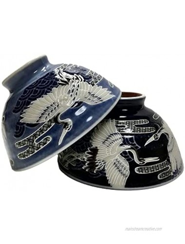 Japanese Porcelain Rice Bowls 13.5 Fluid Ounces Cranes Pattern Blue and Navy Mino Ware Set of 2