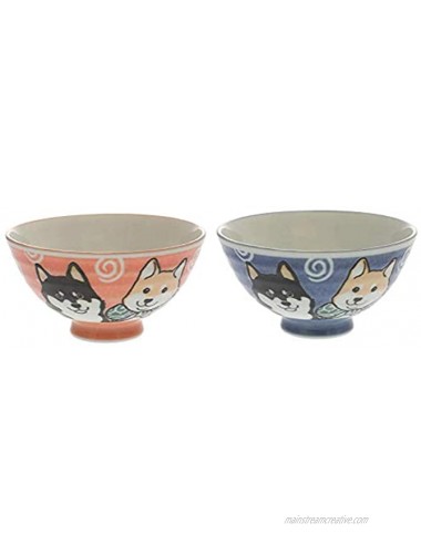 Japanese Shiba Dog Red and Blue Rice Bowl Set 4.92 Inches Diameter Authentic Mino Ware Ceramic Chawan Set of 2 Bowls from Japan