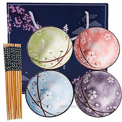 Japanese Style Ceramic Rice Bowl and Chopstick set of 4 Assorted Designs and Color with Phum Flowers Underglazed Dinnerware Ideal For Dessert Snack Cereal Soup in Gift Box