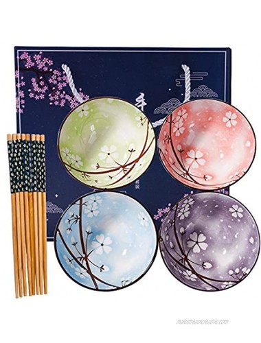 Japanese Style Ceramic Rice Bowl and Chopstick set of 4 Assorted Designs and Color with Phum Flowers Underglazed Dinnerware Ideal For Dessert Snack Cereal Soup in Gift Box