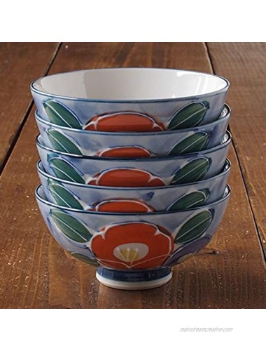 Minoru Pottery Mino Ware Ikizu Dami Camellia Round Rice Bowl Orange Set of 2