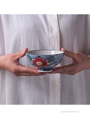 Minoru Pottery Mino Ware Ikizu Dami Camellia Round Rice Bowl Red Set of 2