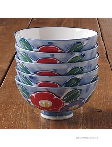 Minoru Pottery Mino Ware Ikizu Dami Camellia Round Rice Bowl Red Set of 2